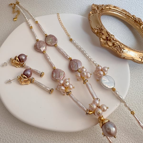 Baroque Pearl Necklace Earring Bracelet Set