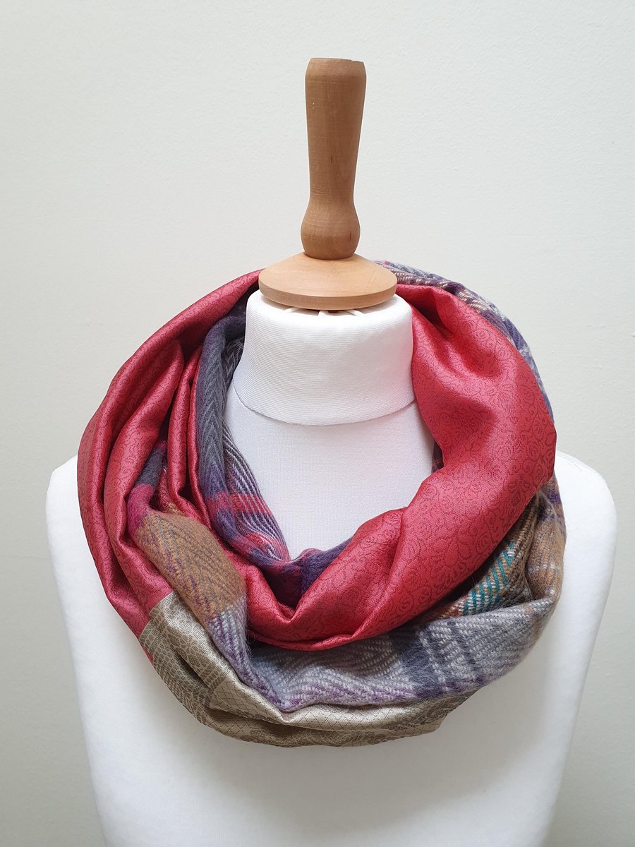 Sari silk and tweed double sided infinity scarf - snood. Shades of peach, turquo