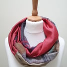 Sari silk and tweed double sided infinity scarf - snood. Shades of peach, turquo