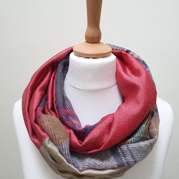 Sari silk and tweed double sided infinity scarf - snood. Shades of peach, turquo
