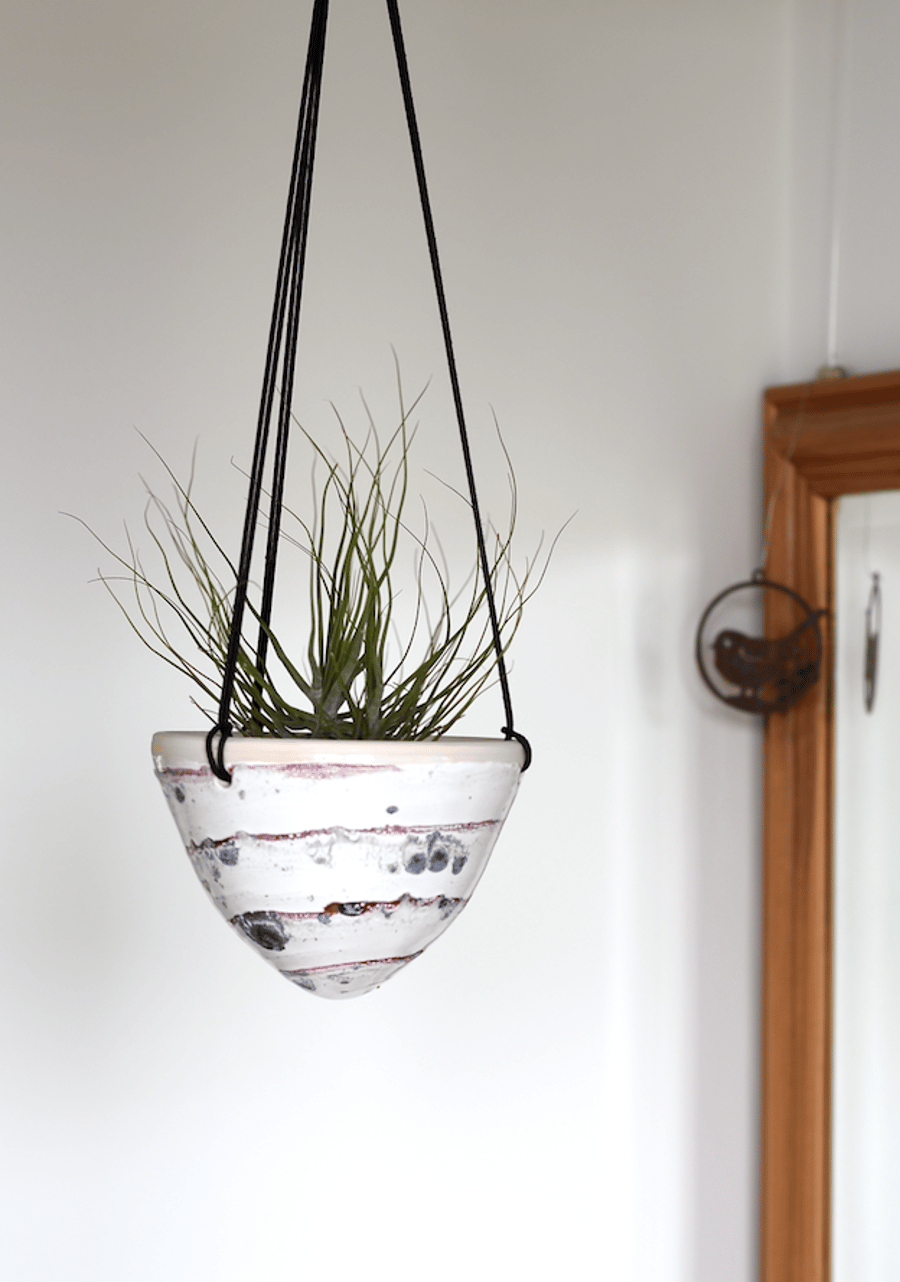 Ceramic hanging planter in white red and blue - handmade pottery