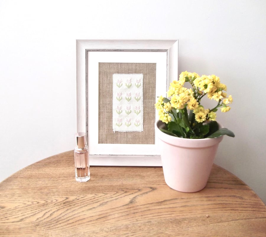 Framed Cross Stitch Pink Tulips  Embroidered Picture