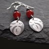 Embossed sterling silver & red jade dangly earrings