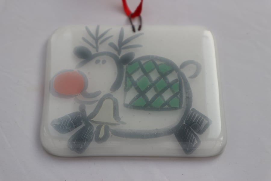  Handmade fused glass decoration or suncatcher - Fat reindeer on white