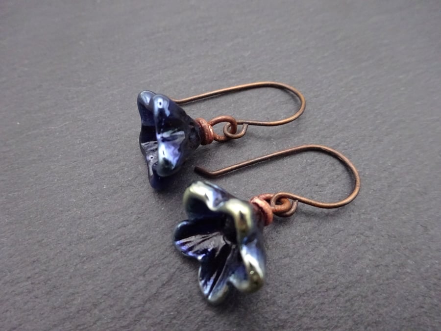 lampwork glass flower earrings, copper jewellery