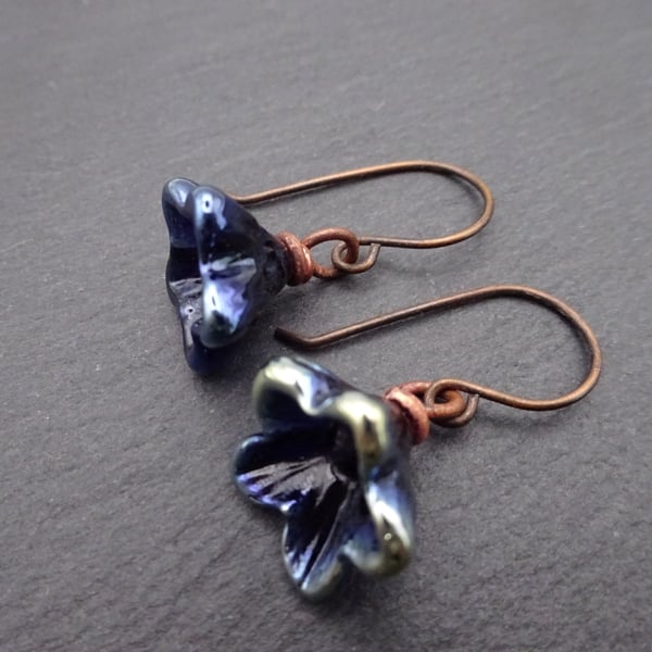 lampwork glass flower earrings, copper jewellery
