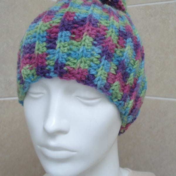 Great Fun Funky Beanie Crochet Hat In Multi Coloured Yarn (J31)