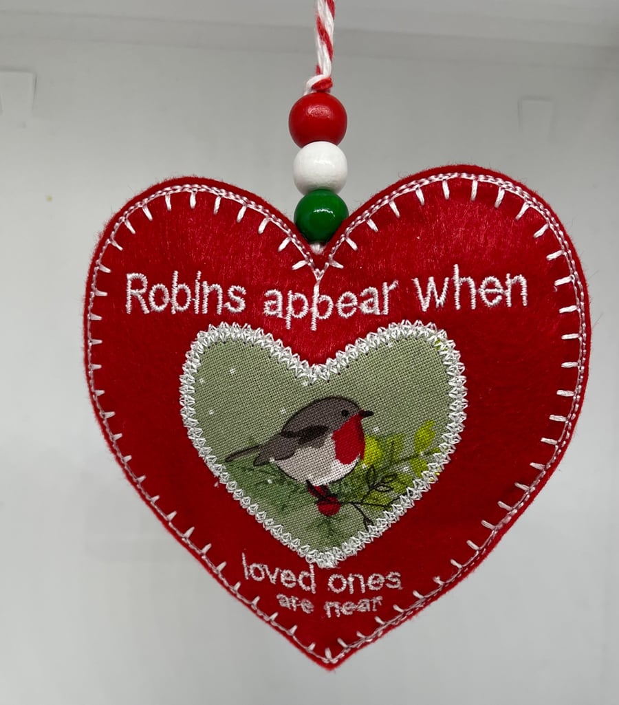 Embroidered Robin felt heart ornament 