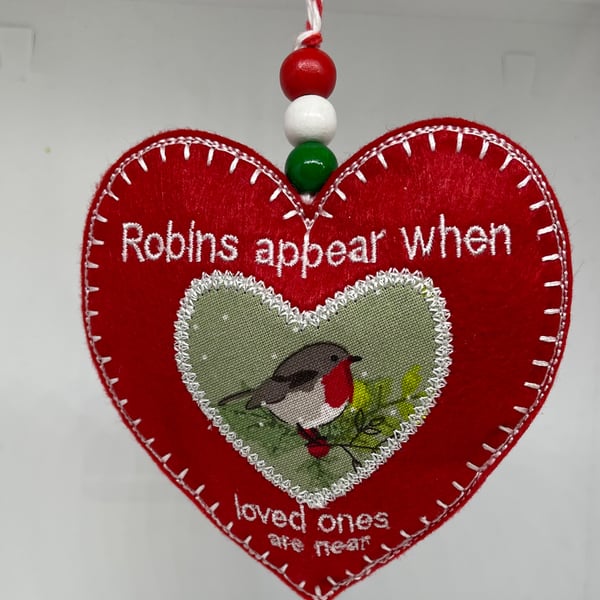 Embroidered Robin felt heart ornament 