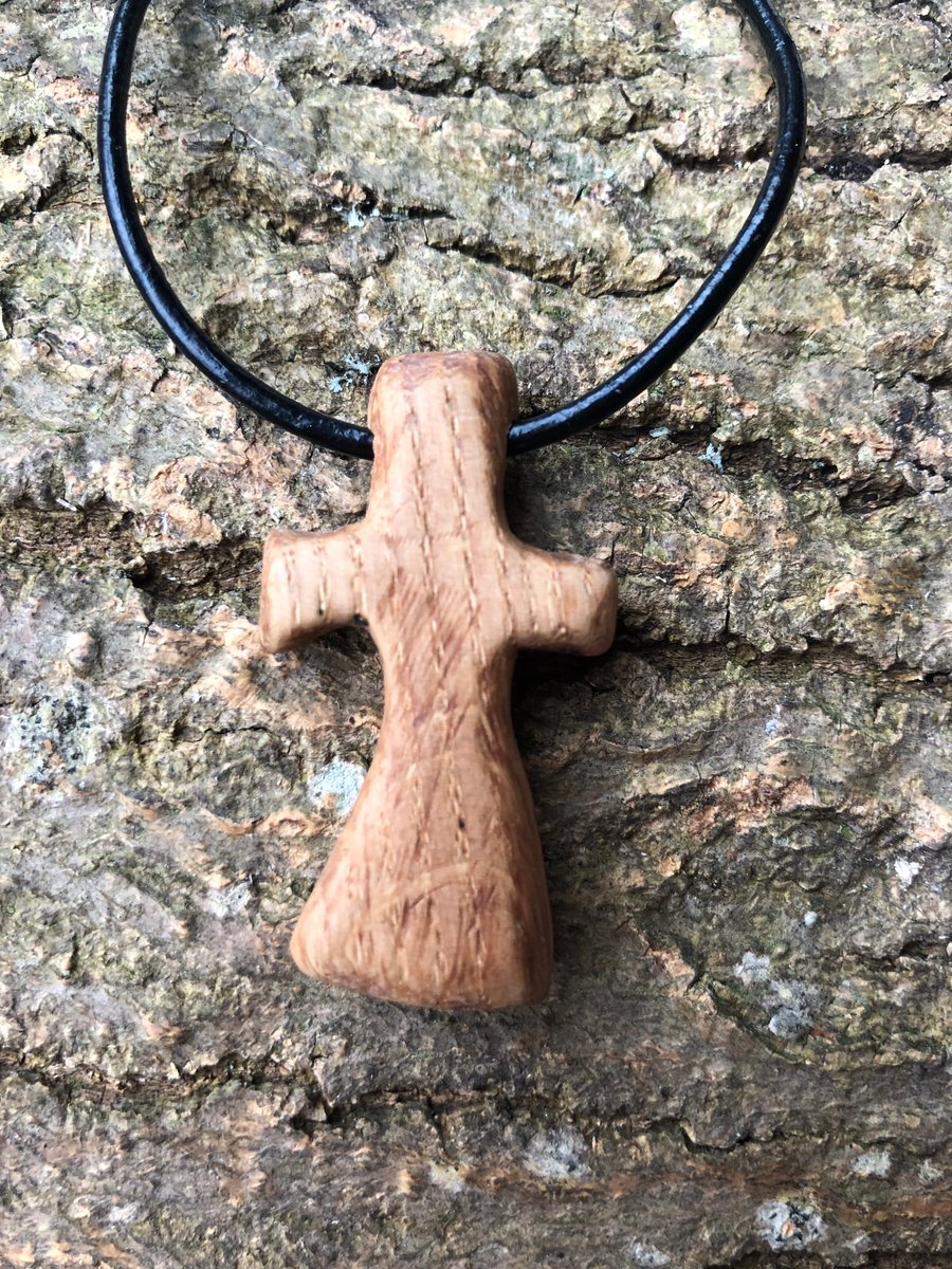 Boho chic hand carved oak wooden cross pendant