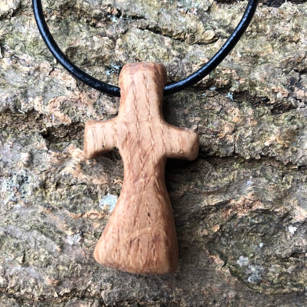 Boho chic hand carved oak wooden cross pendant
