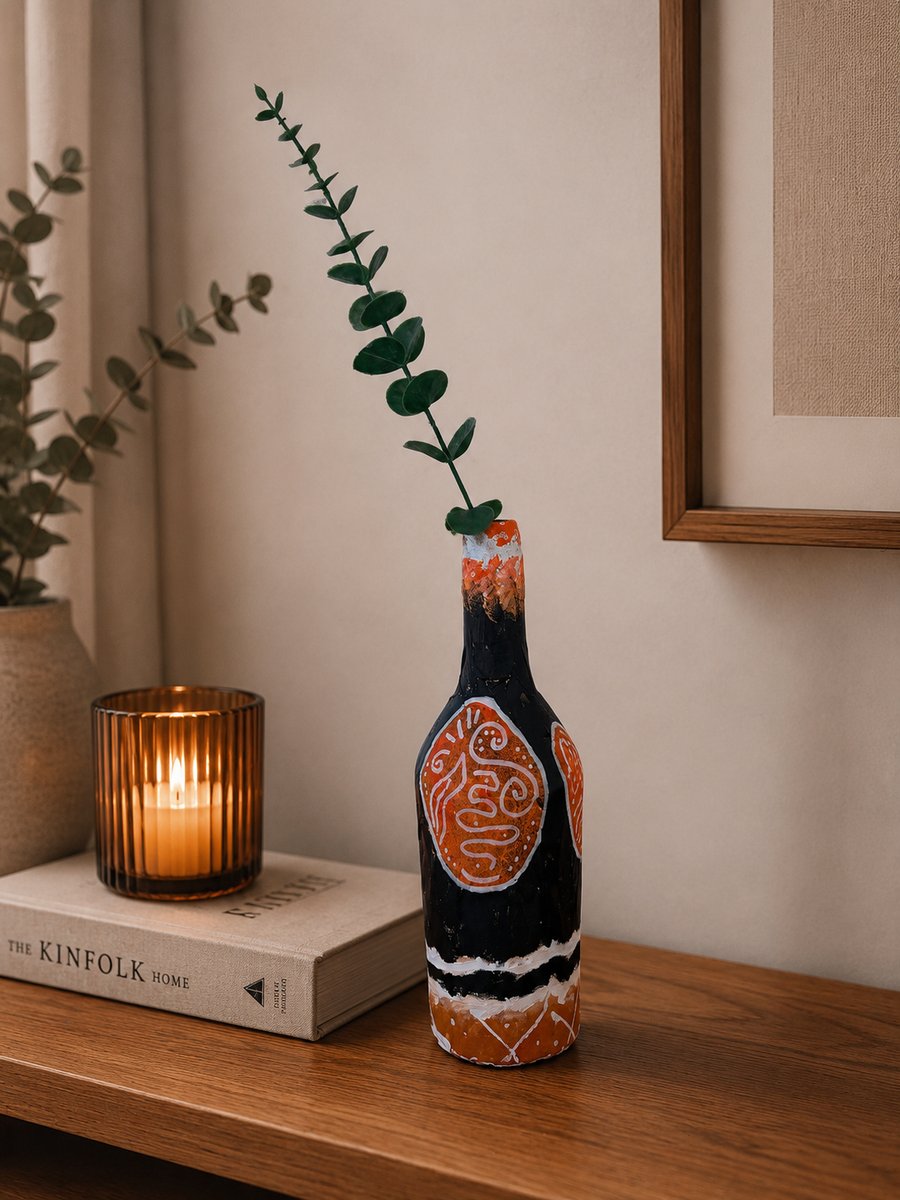 Hand Painted Decorative Bottle Vase Tribal Design Upcycled Glass Modern Boho art