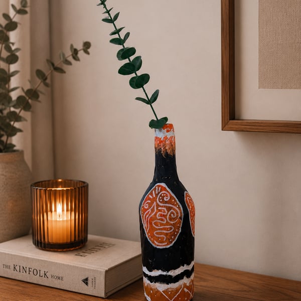 Hand Painted Decorative Bottle Vase Tribal Design Upcycled Glass Modern Boho art