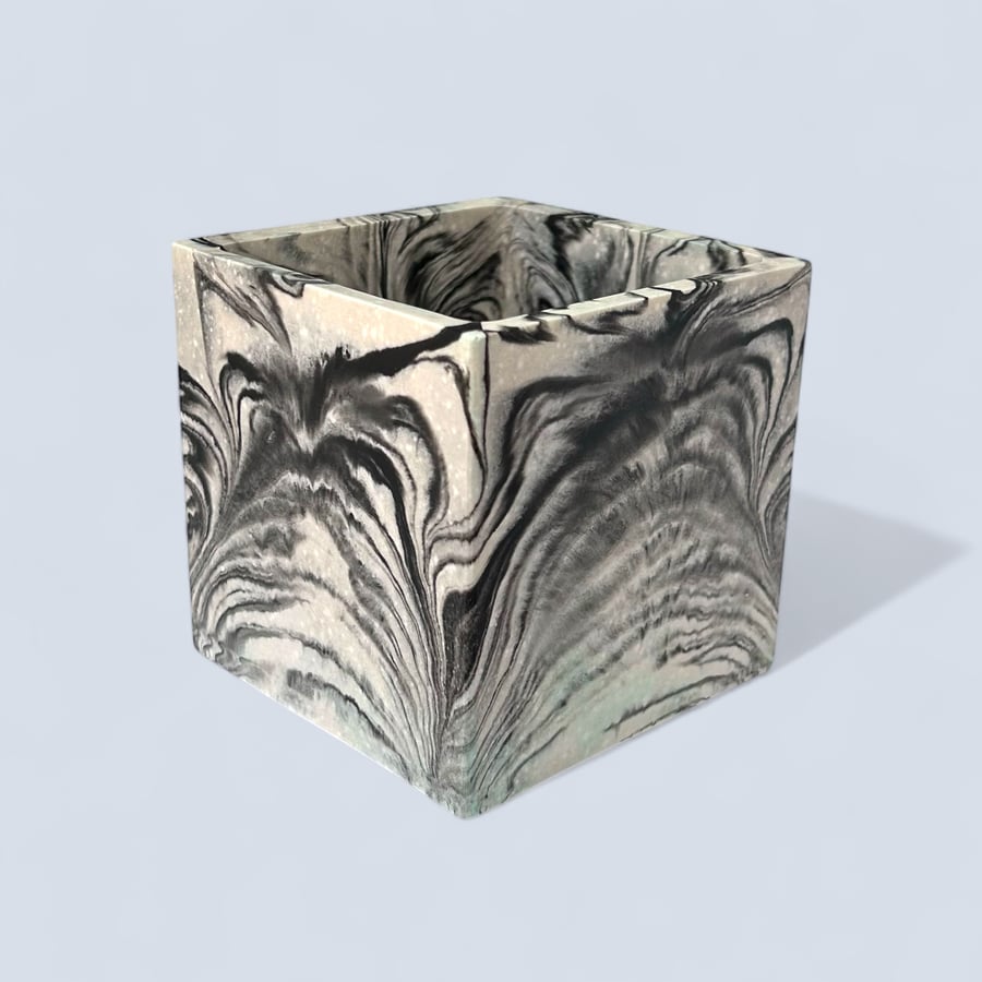 Plant Pot Cube - Unique White with Black Marbling Square Planter