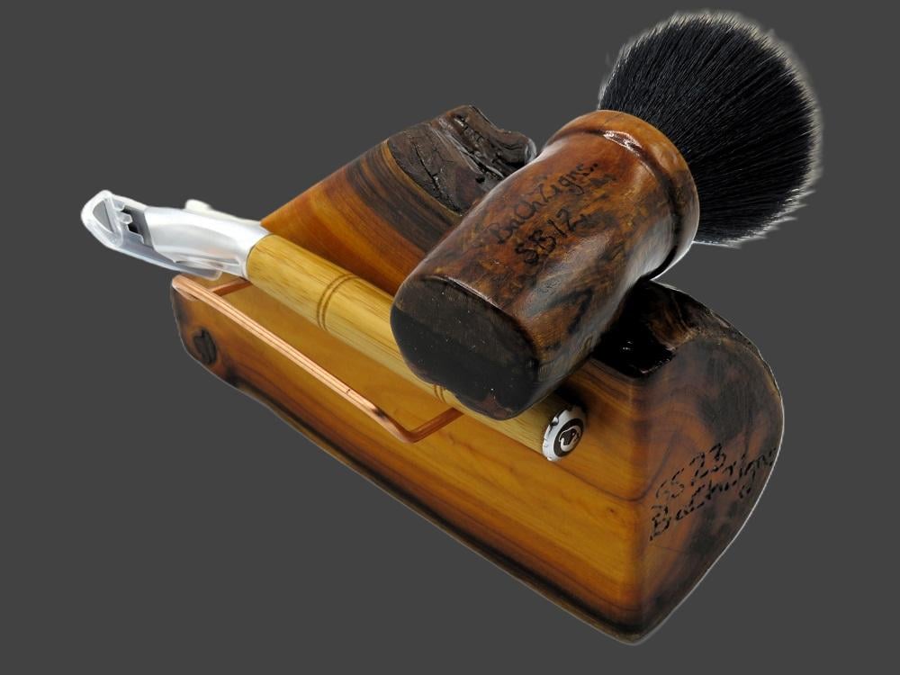 Handcrafted Yew wood & Copper Shaving Stand for brush and razor (SKU SS23)