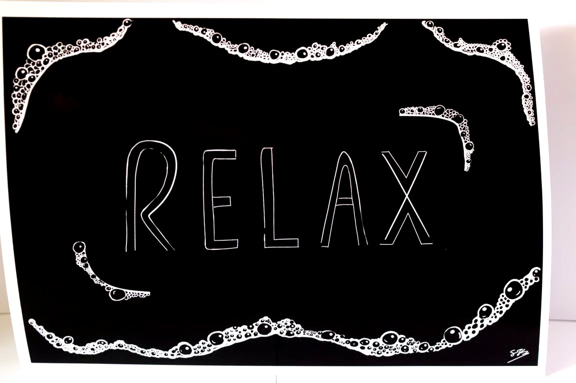 Relax bubbles, bathroom print, A4 sized, unframed, black, green