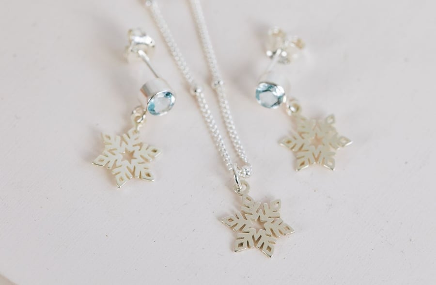 Drop Stud Sterling Silver and Topaz Snowflake Earrings