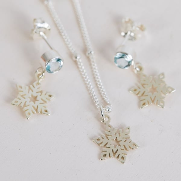 Drop Stud Sterling Silver and Topaz Snowflake Earrings
