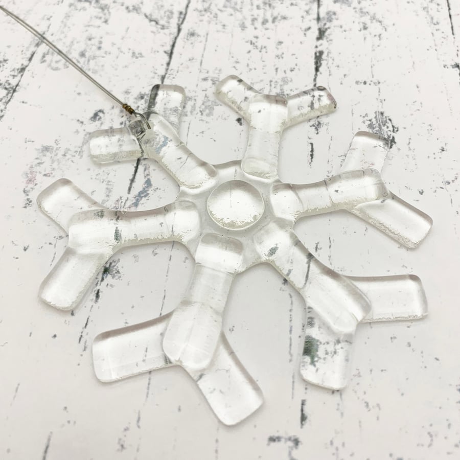 Fused Glass Clear Snowflake Hanging - Handmade Glass Christmas Decoration
