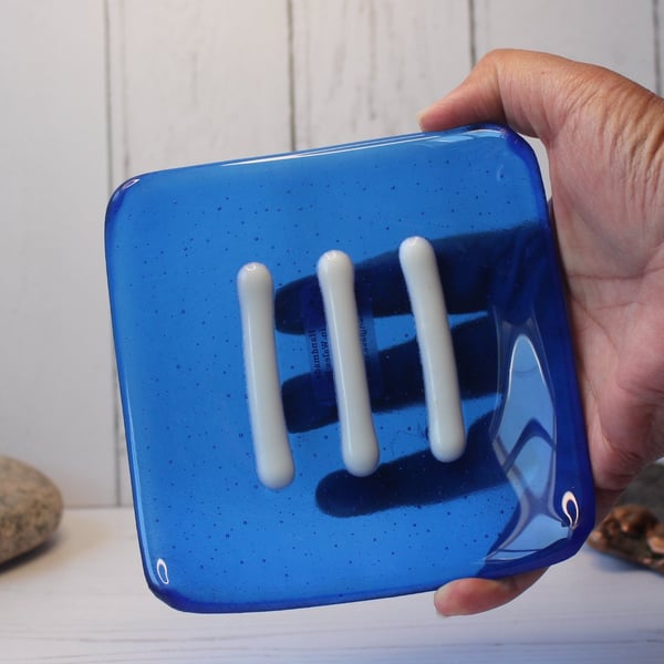 True Blue Transparent Fused Glass Large Soap Dish