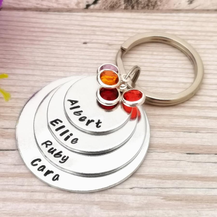 Family Keyring - Personalised Name Keychain - Four Names & Birthstone Crystals
