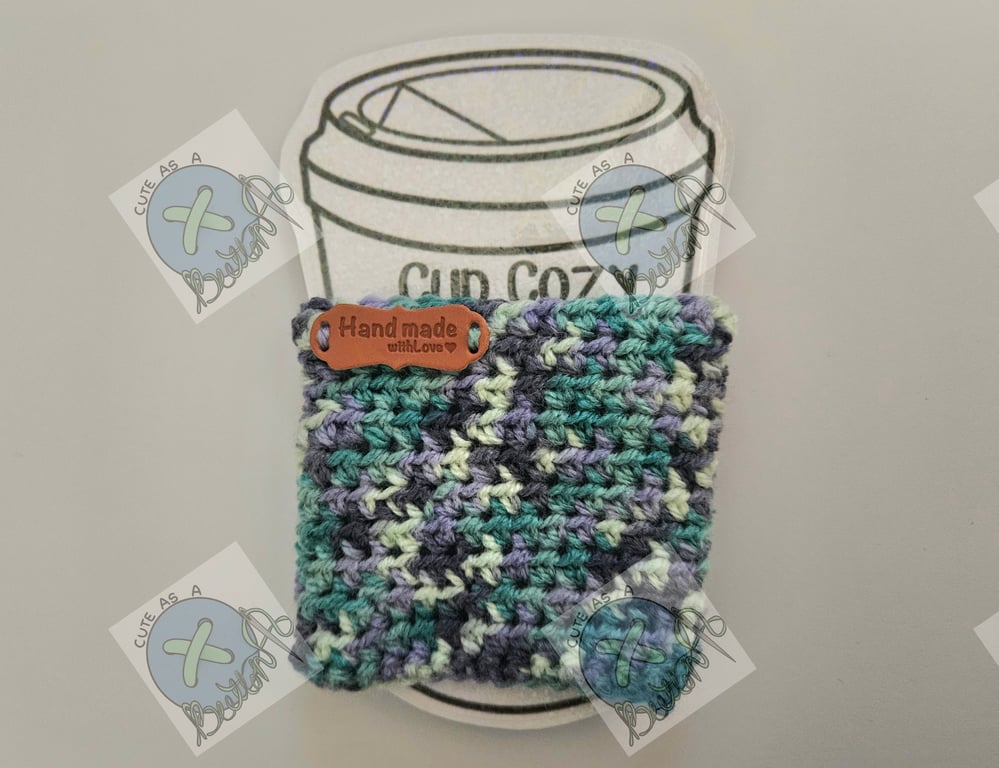 Handmade crochet coffee cup cozy- Blue rainbow