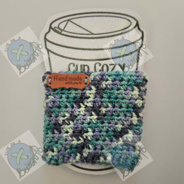 Handmade crochet coffee cup cozy- Blue rainbow