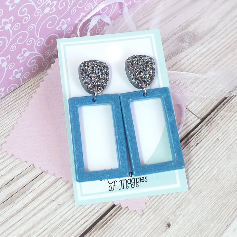 Blue modern resin earrings with holographic silver stud, trendy abstract earring