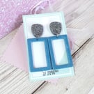 Blue rectangular hoop dangle resin earrings with holographic silver stud