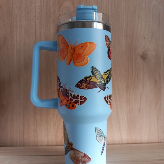 Sky Blue Nature Themed Insects Moths 40oz Cup Tumbler Mug Entomology Drinkware
