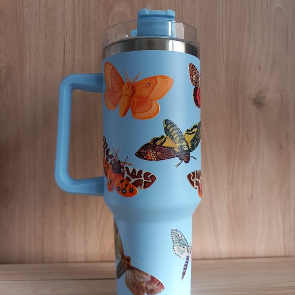 Sky Blue Nature Themed Insects Moths 40oz Cup Tumbler Mug Entomology Drinkware