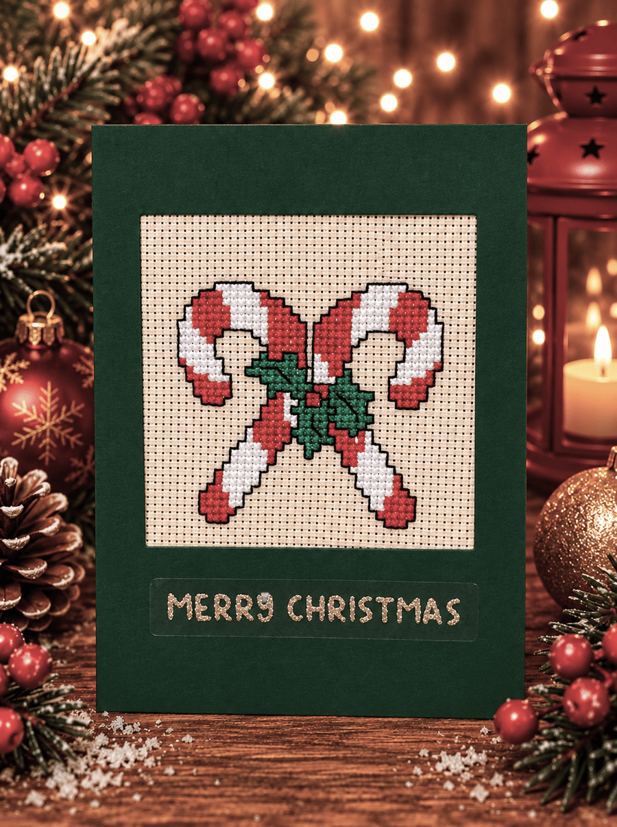 Handmade Cross Stitch Candy Cane Christmas Card – 6 x 4 Inch