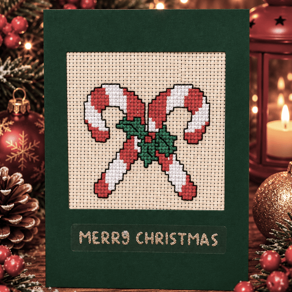 Handmade Cross Stitch Candy Cane Christmas Card – 6 x 4 Inch