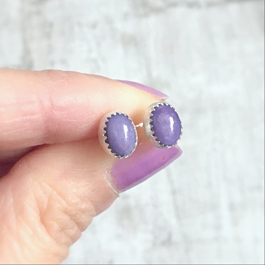 Russian Charoite Oval Cabochon Sterling Silver Stud Earrings
