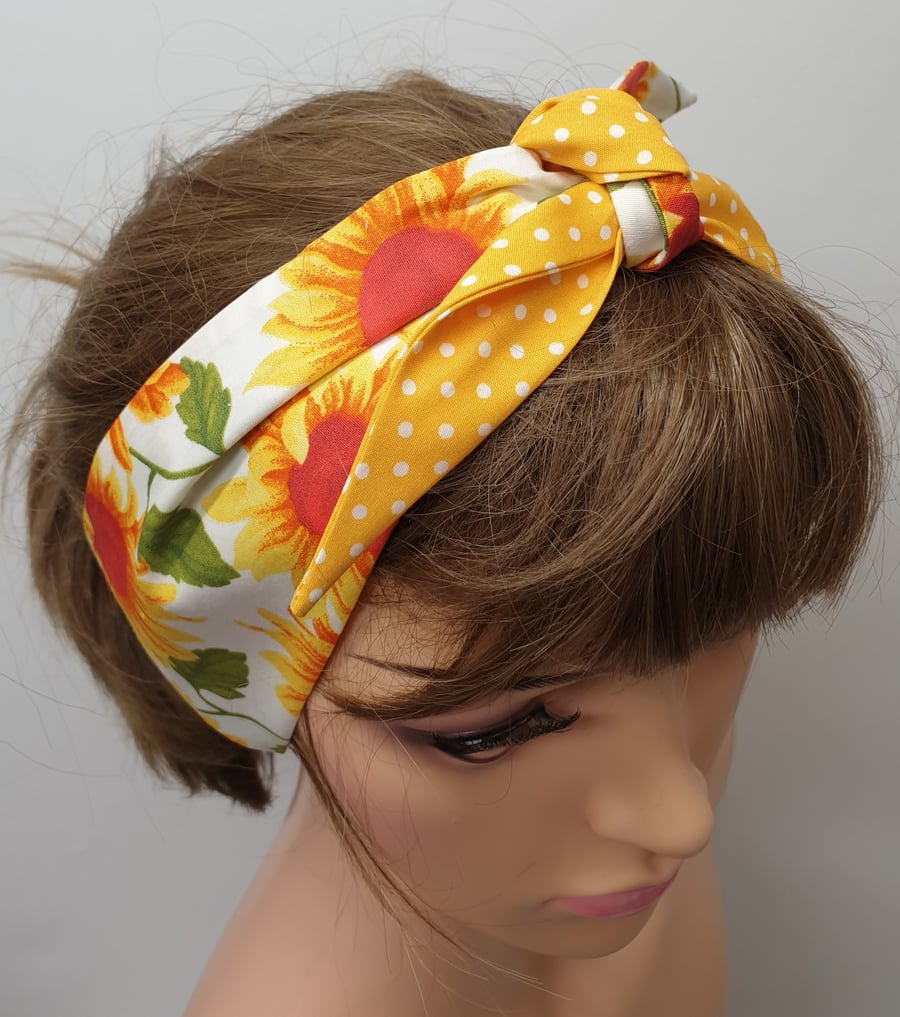 Handmade women yellow polka and sunflowers headband.