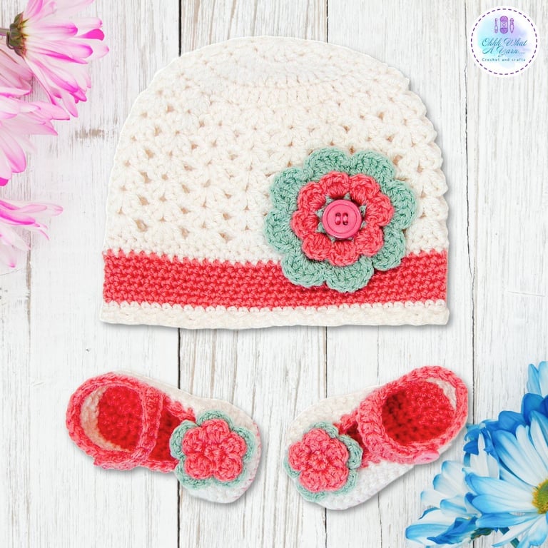 Crochet baby hat and shoes set. Cream, coral and green baby set, size 0-3 mths.