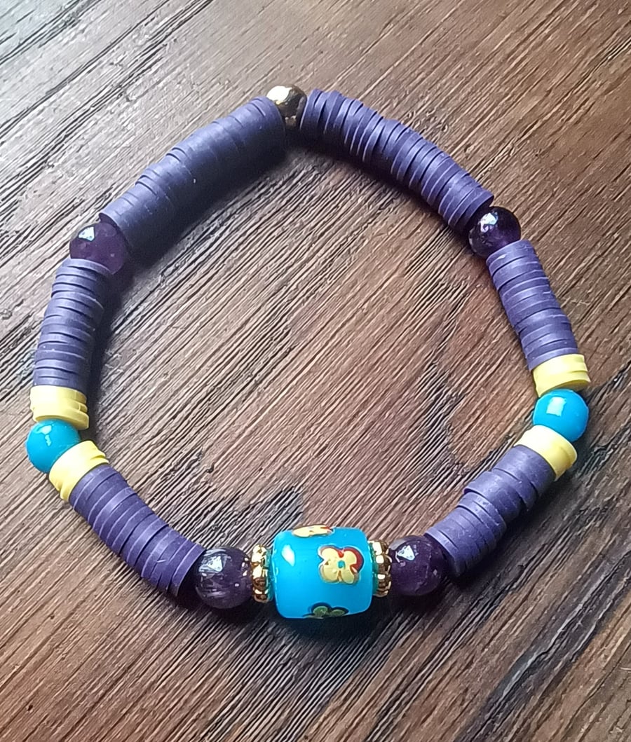 "Passion Flower" - Stretchy clay polymer and bead fashion bracelet