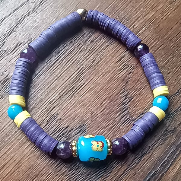 "Passion Flower" - Stretchy clay polymer and bead fashion bracelet