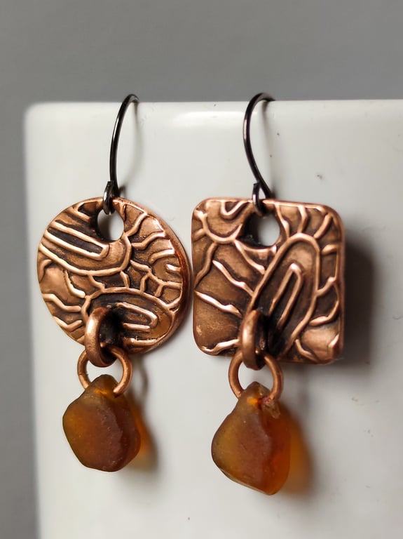 Mis-match copper and seaglass drop earrings, recycled material, unique