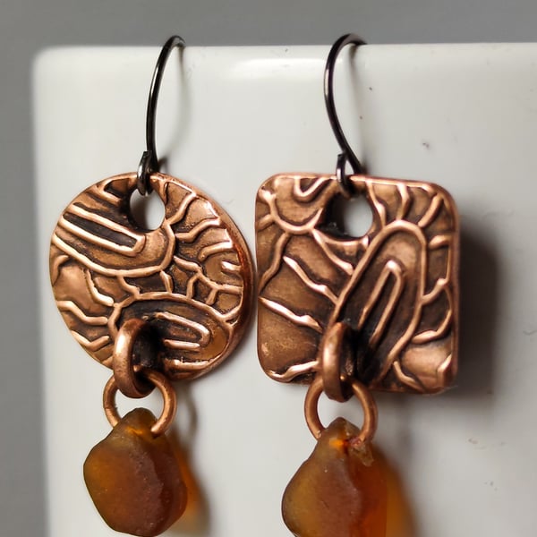 Mis-match copper and seaglass drop earrings, recycled material, unique