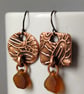 Mis-match copper and seaglass drop earrings, recycled material, unique
