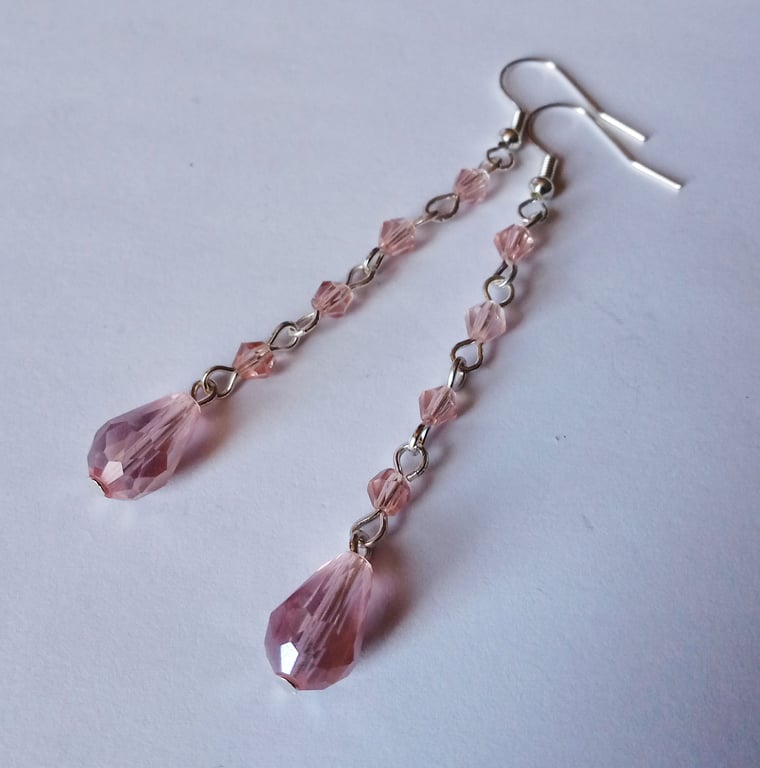 Long Dangling Baby Pink Crystal Teardrop Earrings