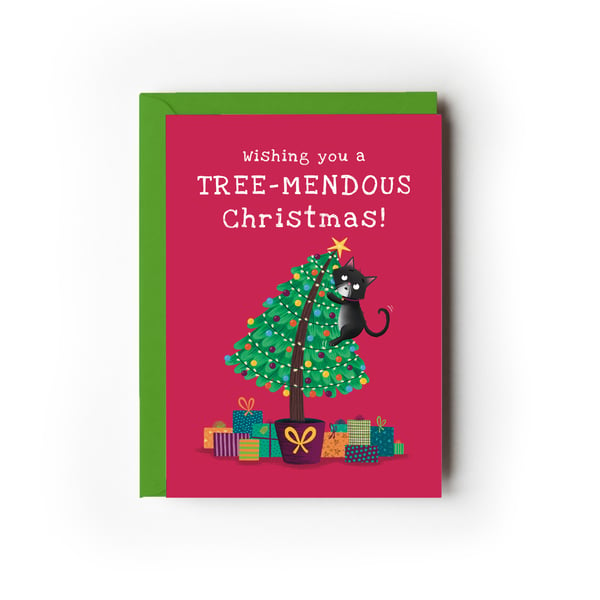 Funny Tree-mendous Cat Christmas Card