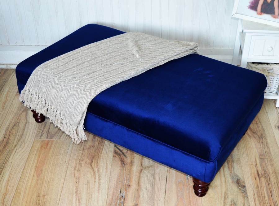 Flat Top Footstool in a Premium Dark Blue Velvet Fabric