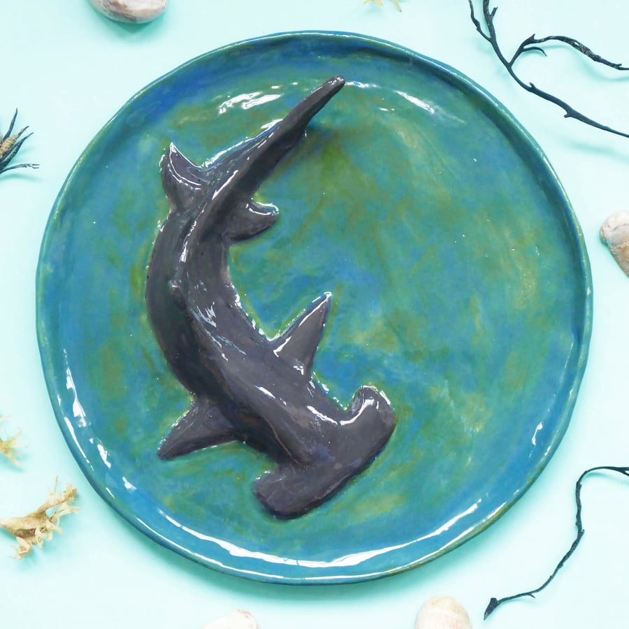 Hammerhead Shark Ceramic Plate - Hand Sculpted - by Jacqueline Talbot Designs