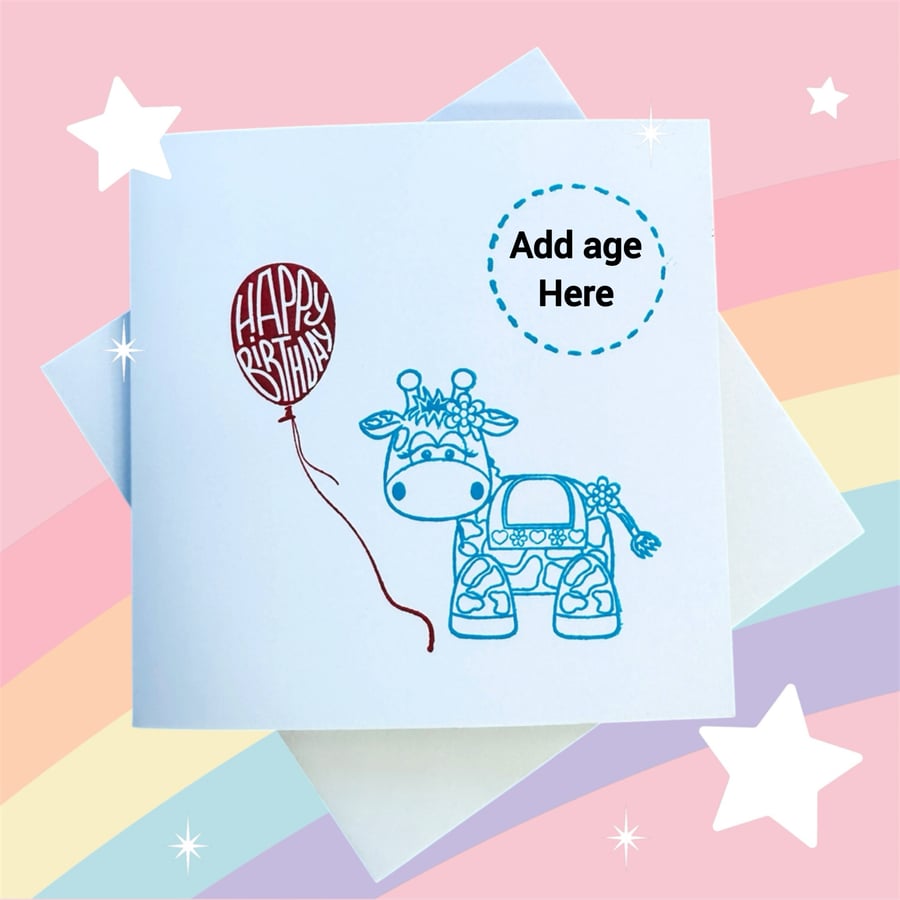 Personalised Cute boys blue Birthday card, cow, balloon, baby or young child.