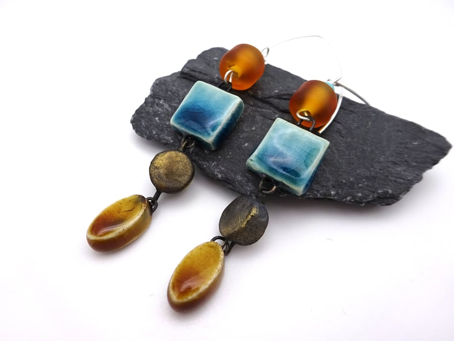 amber lampwork glass and ceramic earrings