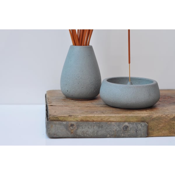 Concrete Incense Burner Set: Handmade Cement Joss Stick Holder Steel Grey NEW