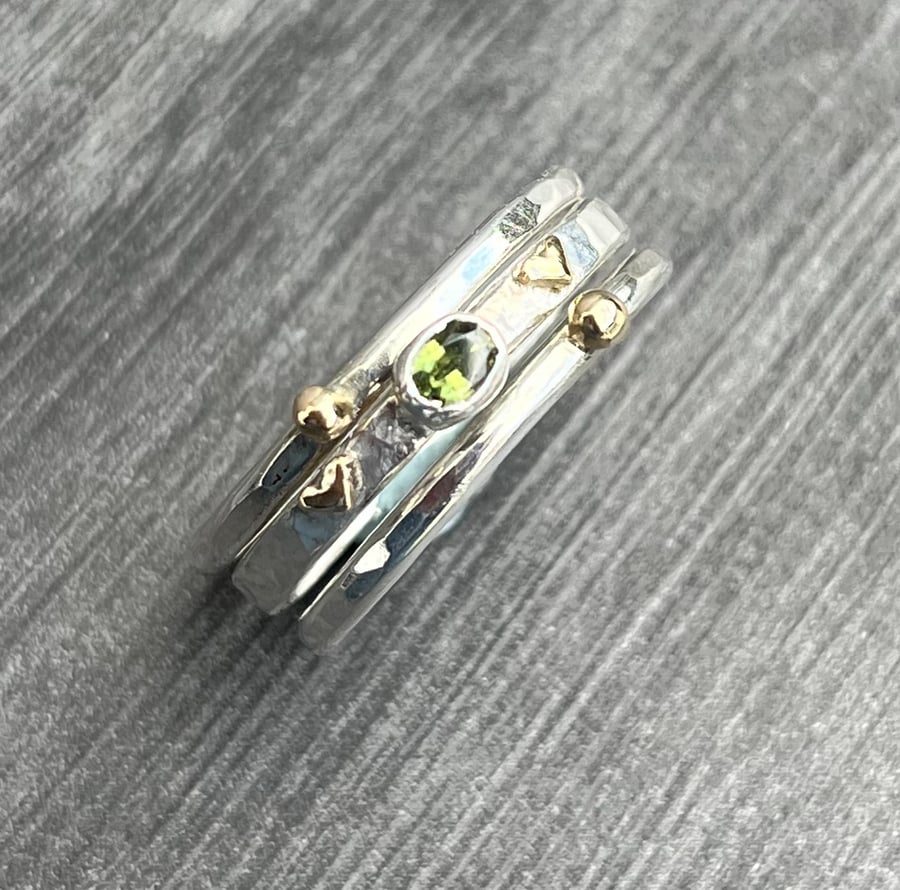 Peridot Love Hearts Stack Ring, peridot stack ring, mixed metals, stack ring, 