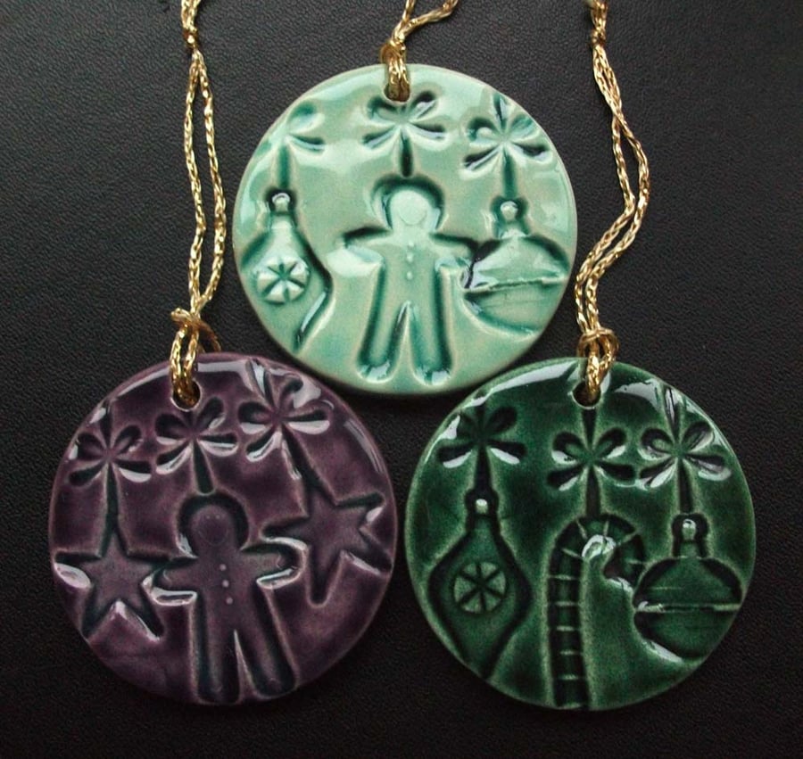 Set of three ceramic Christmas decorations